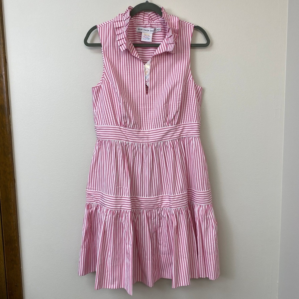 NWT, Gretchen Scott, Hope Dress Pink White Stripe Ruffle Collar Sleeveless Small - Picture 2 of 14